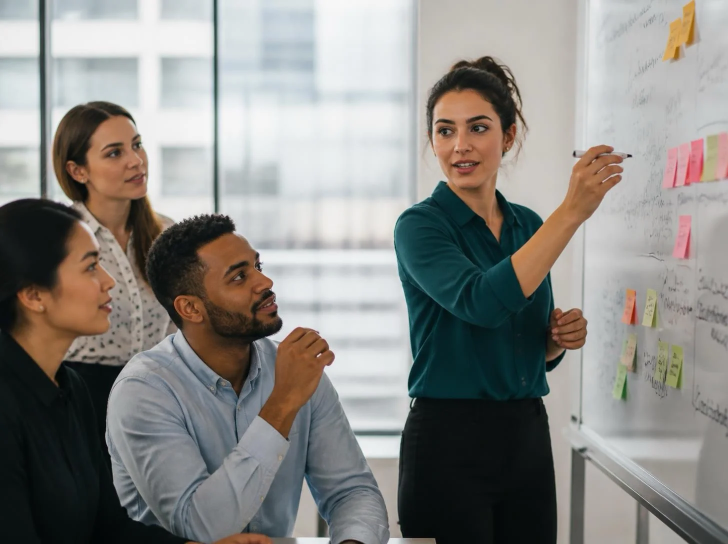 An Indian professional leading a discussion with international colleagues