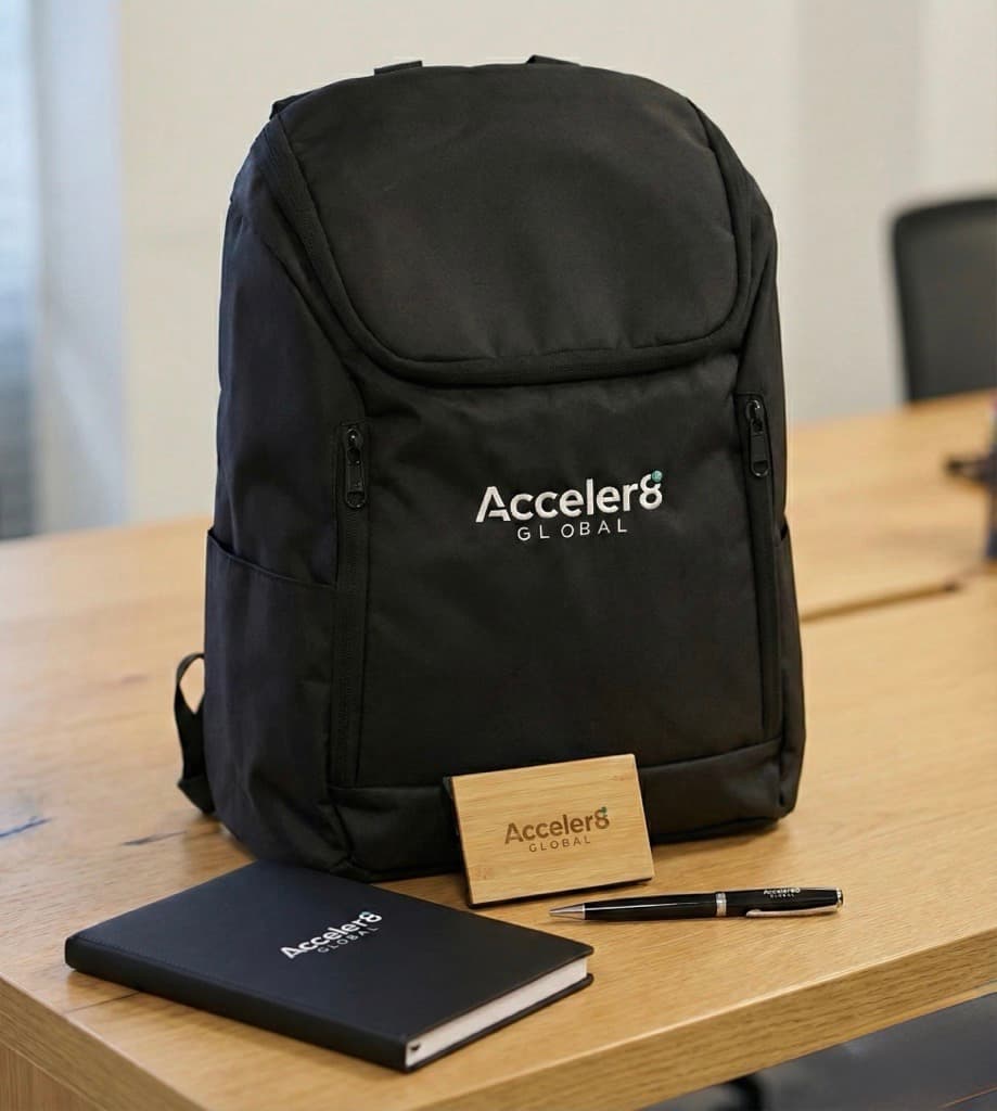 An Acceler8 GLOBAL welcome kit: branded backpack, notebook, card holder and pen