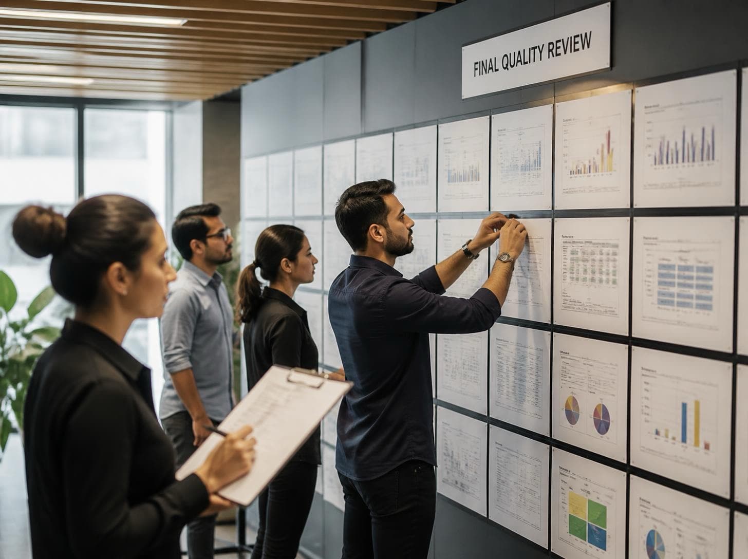 A team reviewing reports pinned to a final quality review wall