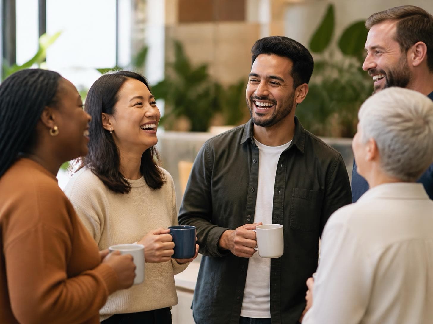 A diverse group of colleagues laughing together over coffee